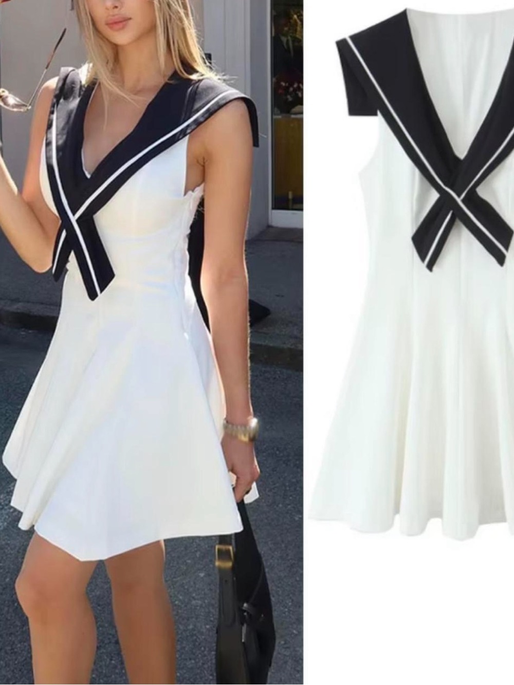 Zara White A-Line Dress with Black Sailor Collar